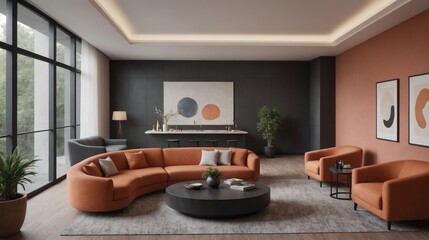 Fototapeta premium Dark grey interior wall living room with orange sofa set, interior design template.