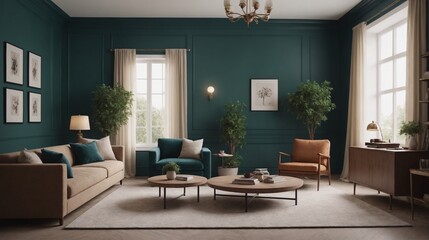 Fototapeta premium High-resolution multiple photo frames on the dark green wall interior design image, 3d render