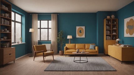 Fototapeta premium Stylish and Scandinavian living room interior of modern apartment with sofa.
