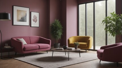 Fototapeta premium A curved sofa with pillows against a purple wall with photo frames. Scandinavian-style home interior design of modern living room