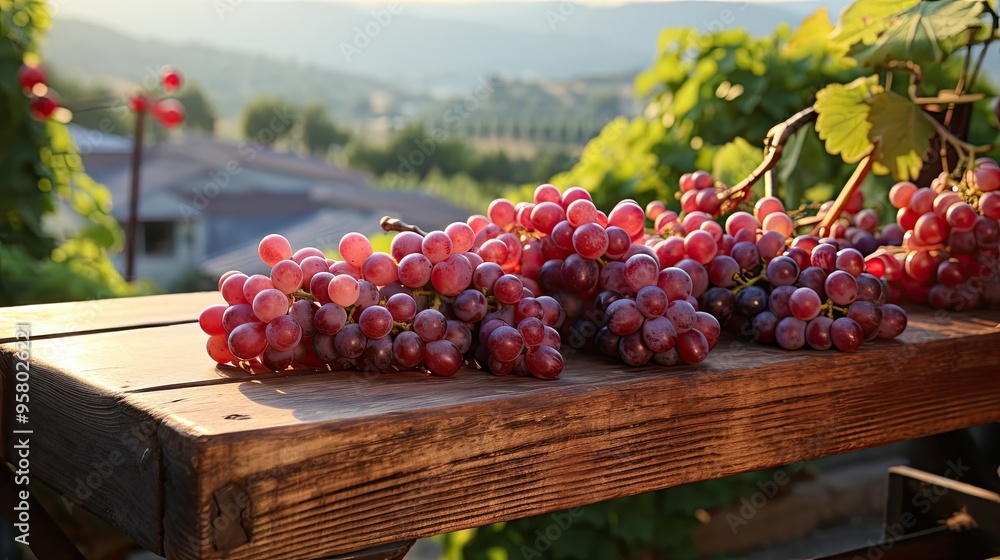 Poster fresh grapes fruits bunch on wooden table with vineyard field on morning sunshine background with co