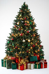A decorated Christmas tree with colorful boxes of presents