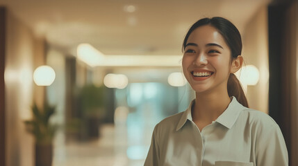 Cheerful hotel housekeeping staff member chatting with her manager in a well-maintained hotel corridor, exuding a sense of camaraderie and efficient service. photo