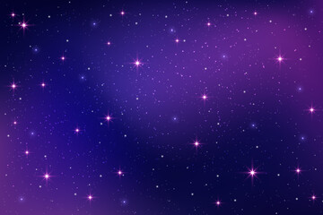 Night sky background. Purple starry space. Vector gradient galaxy with dark nebula. Magic blue and pink abstract cosmic sunset with sparkles and constellations. Dreamy celestial backdrop.