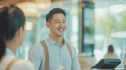 Fototapeta premium Smiling hotel receptionist helping an Asian male guest during the check-in process, ensuring a smooth and welcoming experience. photo