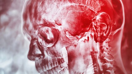 A side view of a human skull with a red glow highlighting the back of the head, possibly representing pain or medical issues.