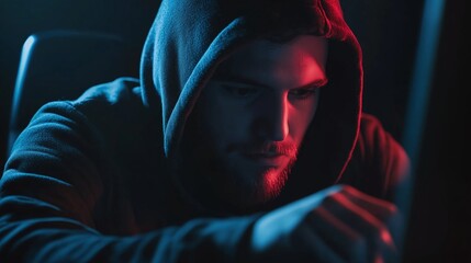 A focused individual wearing a hoodie engages with a computer screen in a dimly lit environment during the evening