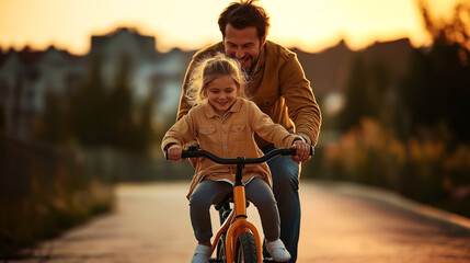 Father teaching his young daughter to ride a bicycle on a sunset-lit path. The girl, wearing casual clothes, smiles as she enjoys the moment with her father.