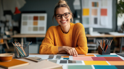 Smiling woman wearing glasses and a yellow sweater in a design studio, surrounded by color swatches and pencils, with a modern workspace in the background.