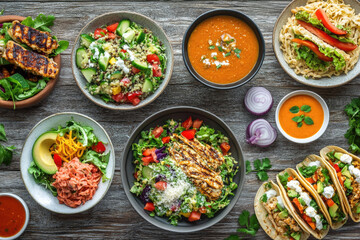 A variety of colorful lunch dishes arranged on a table