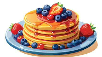 Stack of delicious pancakes covered with syrup and berries for breakfast-