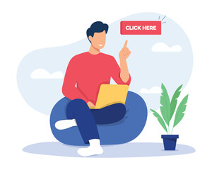 Click here concept illustration. Click here, detailed click and collect sign concept flat illustration.