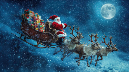 Santa Claus riding a sleigh pulled by reindeer across the night sky