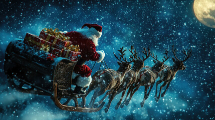 Santa Claus riding a sleigh pulled by reindeer across the night sky