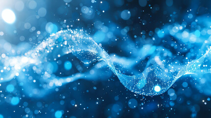 Blue wave with many dots in the background. Dots are scattered throughout the image, giving it a dreamy and ethereal look. Science and technology concept.