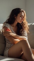 Fototapeta premium A young woman sits on a couch, holding her arm, looking thoughtful.