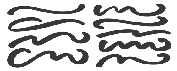 Swoosh vector lines. Swirl strokes and underlines. Swash hand drawn calligraphic elements. Decorative curve squiggles. Black paint brushstrokes on white background.