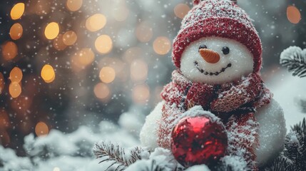 Obraz premium A cheerful snowman wearing a red hat and scarf sits among snowy trees with sparkling lights in the background during winter time