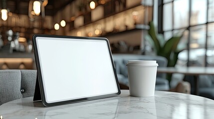 a digital tablet with a blank white screen, placed on a table in what appears to be a cozy softly lit cafe or office setting