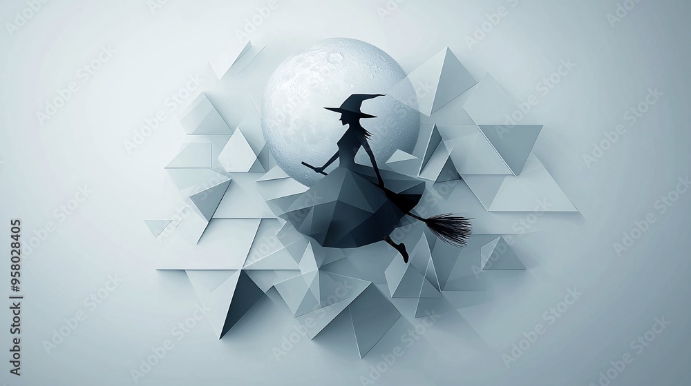 Poster an art deco halloween scene with a silhouette of a witch on a broomstick, surrounded by angular patt