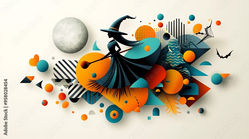 Poster an art deco halloween scene with a silhouette of a witch on a broomstick, surrounded by angular patt