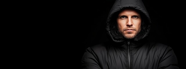  A man in a hoodie, arms crossed, seriously gazes into the camera