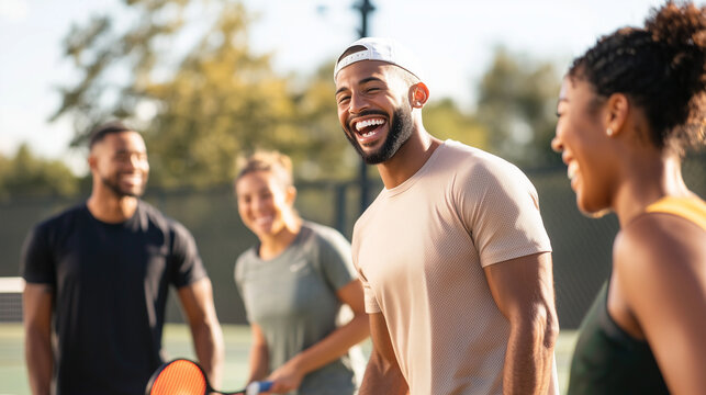 multiracial group of happy friends laughing and enjoying a lively game of pickleball outdoors, showcasing camaraderie and fun. photo