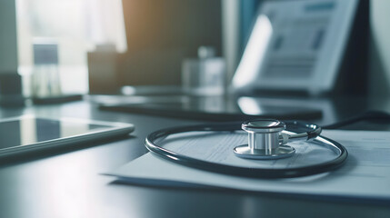 A close-up of a doctor's stethoscope lying on patient documents in a modern medical office with soft lighting creating a professional ambiance
