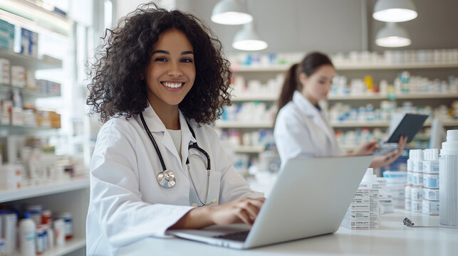 Happy pharmacist using a laptop at a pharmacy counter while her colleague takes notes nearby, showcasing teamwork and efficiency in a modern pharmaceutical setting. photo