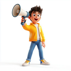 3D character of a man holding a megaphone pointing upward on a white background, icon for marketing and public use