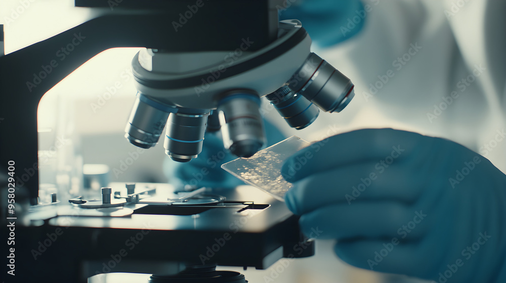 Poster a detailed image of a scientist's gloved hands working with a microscope and a glass slide in a lab 