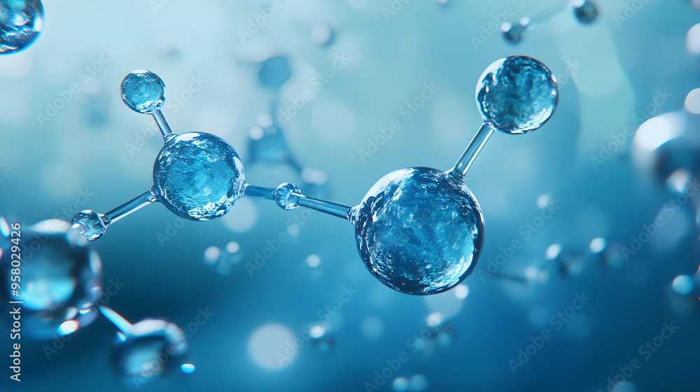 Poster a detailed macro shot of molecules and atoms with a blue background highlighting their structure and