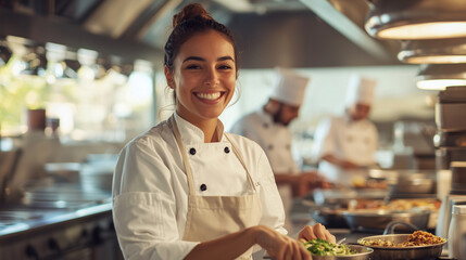 Cheerful female chef in a restaurant kitchen, posing with a smile while preparing dishes, capturing her positivity and the dynamic energy of the culinary space. photo