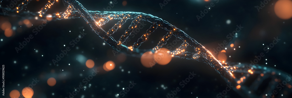 Poster a digital rendering of glowing dna strands swirling against a dark background with sparkling lights 