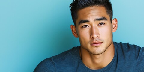 Obraz premium A studio close-up portrait of a young Asian man wearing a casual t-shirt, with a colourful background.