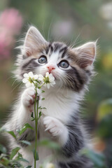 A playful kitten holding a flower stem in its mouth.