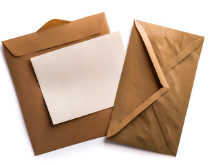 Set of brown envelopes (sealed, empty and with a blank paper inside), isolated on white background