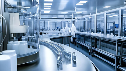 Obraz premium A high-tech cleanroom in a pharmaceutical factory showcases workers in protective gear processing bottles and vials in a sterile environment
