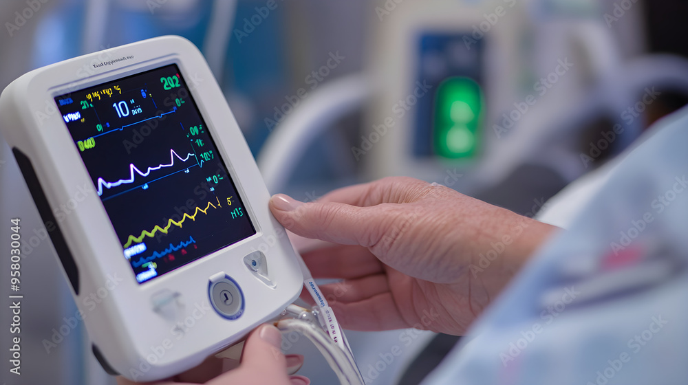 Aufkleber a patient's hand holds a pulse oximeter displaying vital signs in a healthcare setting with focus on