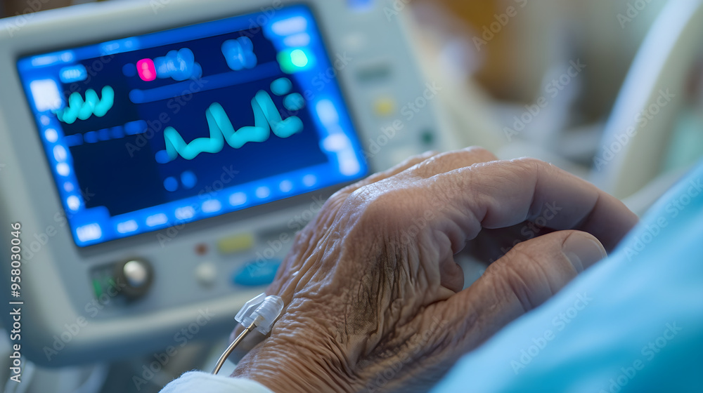Aufkleber an elderly patients hand with a pulse oximeter attached monitoring vital signs in a hospital setting