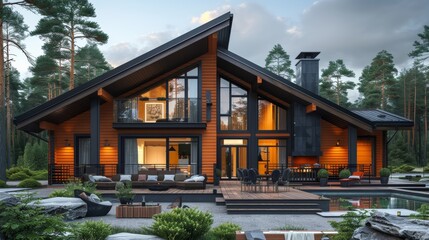 Fototapeta premium Modern wooden house surrounded by lush trees and a serene outdoor space during daylight in a tranquil forest setting