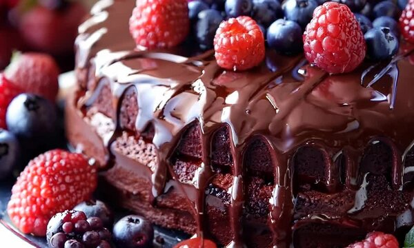 Decadent chocolate cake with dripping ganache and fresh berries, Video
