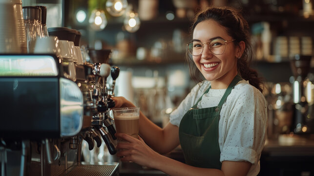 Close-up portrait of a delighted female barista proudly serving a drink at the bar, capturing the essence of customer service and passion for her craft. photo