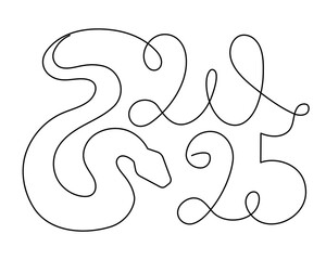 2025 year of snake one line art, hand drawn continuous contour.Holiday concept,festive New year chinese astrological horoscope, poisonous reptile serpent outline.Editable stroke.Isolated.Vector