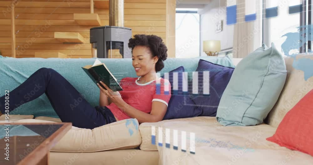 Poster reading book on couch, woman with data processing animation over