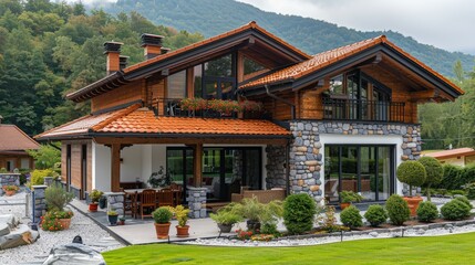 Obraz premium Charming wooden house with a stone facade surrounded by greenery in a mountainous area on a cloudy day