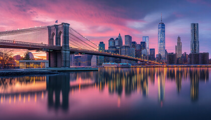 Fototapeta premium Brooklyn bridge and lower manhattan reflecting at sunset, new york city