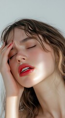 Fototapeta premium Close-up portrait of a young woman with her eyes closed and hand on her forehead. Her lips are red and her skin is glowing.