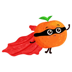 Super hero orange fruit cartoon mascot vector illustration flying and smiling isolated on white background.