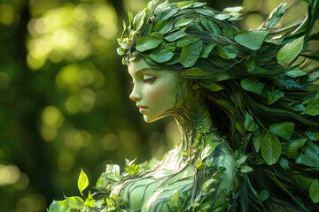 A female forest fairy with a body and hair made entirely of green leaves.